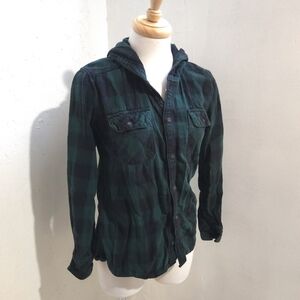 TNA |  Green Plaid Hooded button up flannel boyfriend fit